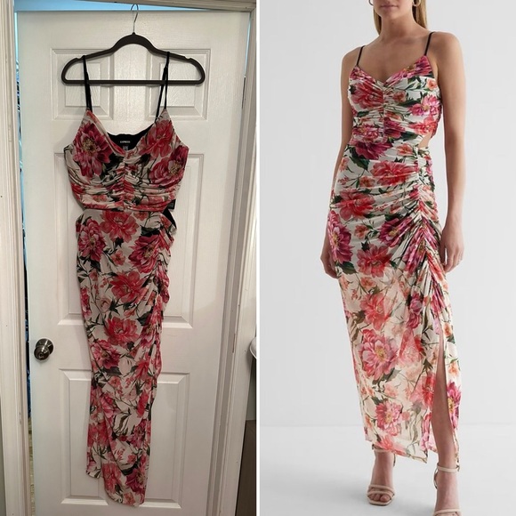 Floral Cutout Ruched Mesh Maxi Dress NWT - Picture 1 of 6